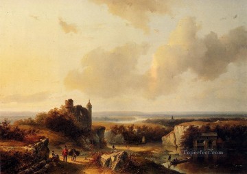 Barend Cornelis Koekkoek Painting - An Extensive River Landscape With Travellers Dutch Barend Cornelis Koekkoek